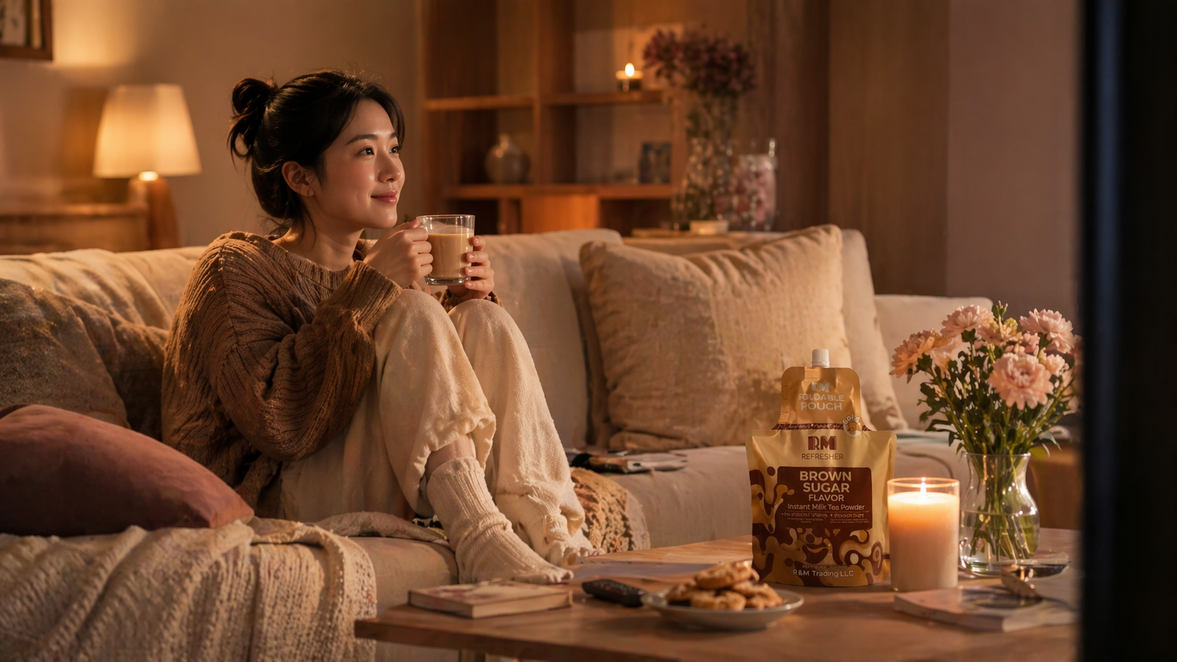 A cozy evening at home with RM Refresher Brown Sugar Flavor and a warm drink